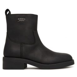 Botki Tommy Jeans. Czarne botki damskie Tommy Jeans, z jeansu, bez obcasa, na płaskiej podeszwie, bez zapięcia. Za 649.99 zł.