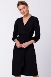 Sukienka elegancka kopertowa z bufiastymi rękawami czarna. Czarne sukienki damskie Sukienki.shop, bez wzorów, biznesowe, bez ramiączek. Za 349.00 zł.