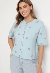 Niebieski Sweter Kardigan z Krótkim Rękawem z Wełną w Ozdobny Print Korinelia. Niebieskie kardigany damskie Born2be, s, bez wzorów, z jeansu. Za 159.99 zł.