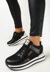 Czarne Sneakersy na Grubej Podeszwie z Metaliczną Wstawką i Brokatem Lev. Czarne obuwie sportowe damskie Born2be, bez zapięcia. Za 89.99 zł.