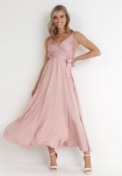 Jasnoróżowa Sukienka Maxi z Gumką w Pasie i Kopertowym Dekoltem Aloyse. Czerwone sukienki damskie Born2be, bez wzorów, eleganckie, bez ramiączek. Za 149.99 zł.