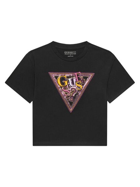 Guess T-Shirt J5GI04 K6YW4 Czarny Regular Fit. Czarne koszulki i t-shirty dziewczęce Guess, z aplikacjami, z bawełny, bez kołnierzyka, bez ramiączek. Za 59.99 zł.