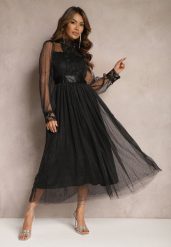 Czarna Siateczkowa Sukienka Maxi o Rozkloszowanym Kroju z Ozdobną Koronką Narile. Czarne sukienki damskie Renee, bez wzorów, z koronki, eleganckie, bez ramiączek. Za 209.99 zł.