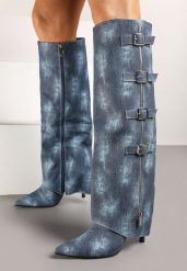 Niebieskie Jeansowe Kozaki na Szpilce z Wywiniętą Cholewką Rialetta. Niebieskie kozaki damskie Born2be, z dzianiny, bez obcasa, na obcasie, bez zapięcia. Za 179.99 zł.