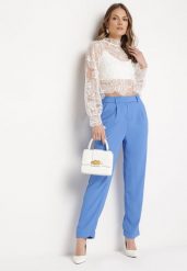 Niebieskie Eleganckie Spodnie z Wysokim Stanem z Prostymi Nogawkami i Gumką w Pasie Althema. Niebieskie spodnie materiałowe damskie Born2be, bez wzorów, z jeansu. Za 109.99 zł.