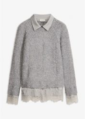 Sweter z koszulową wstawką. Fioletowe swetry klasyczne damskie bonprix, z koronki, bez kołnierzyka. Za 129.99 zł.