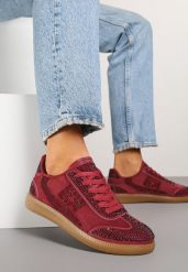 Bordowe Sneakersy Tenisówki Ozdobione Cyrkoniami Amoiona. Czerwone obuwie sportowe damskie Renee, z jeansu, bez zapięcia, tenisowe. Za 89.99 zł.