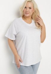 Jasnoszary T-shirt z Bawełny z Dekoltem w Serek Aveltebia. Szare t-shirty damskie Born2be, uniwersalny, bez wzorów, z bawełny, bez kołnierzyka. Za 34.99 zł.