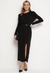 Czarna Wiskozowa Sukienka z Gumką w Talii i Eleganckim Rozcięciem Jistaria. Czarne sukienki damskie Born2be, bez wzorów, z wiskozy, eleganckie, bez ramiączek. W wyprzedaży za 152.99 zł.