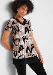 Długa bluzka z krótkim rękawem. Brązowe bluzki damskie bonprix, bez wzorów, bez kołnierzyka, bez ramiączek. Za 84.99 zł.