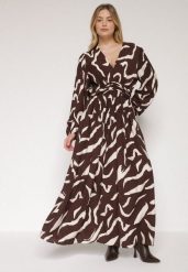 Brązowa Rozkloszowana Sukienka z Wiskozą Netania. Brązowe sukienki damskie Born2be, bez wzorów, z materiału, wizytowe, bez ramiączek. Za 169.99 zł.