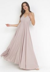 Ciemnobeżowa Rozkloszowana Sukienka Maxi z Wiązaniem na Szyi Cathenia. Brązowe sukienki damskie Born2be, bez wzorów, bez ramiączek. Za 139.99 zł.