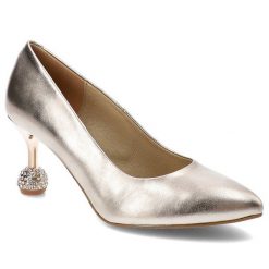 Złote Czółenka Espirito Modne Obuwie Damskie Na Eleganckim Obcasie. Żółte czółenka damskie Espirito, bez wzorów, ze skóry, bez obcasa, na obcasie. Za 369.00 zł.