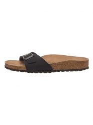 Birkenstock Klapki "Madrid Earthy Vegan" w kolorze czarnym rozmiar: 37. Czarne klapki damskie Birkenstock, bez wzorów, z otwartym noskiem, bez obcasa, bez zapięcia. Za 333.03 zł.