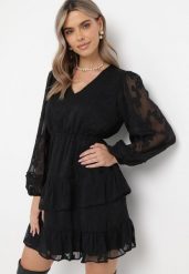 Czarna Sukienka Boho z Gumką w Pasie i Błyszczącą Nitką Gavissa. Czarne sukienki damskie Born2be, bez wzorów, boho, bez ramiączek. W wyprzedaży za 127.49 zł.