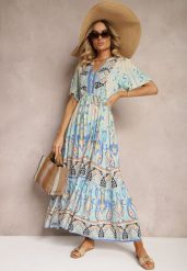 Niebieska Boho Sukienka z Wiskozy z Ozdobnymi Guzikami i Cienkim Paskiem w Talii Dimosia. Niebieskie sukienki damskie Renee, bez wzorów, z wiskozy, boho, bez ramiączek. Za 109.99 zł.