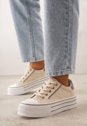 Beżowe Klasyczne Trampki na Grubej Podeszwie Araenes. Brązowe trampki damskie Born2be, bez wzorów, z jeansu, bez zapięcia. Za 79.99 zł.