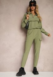Zielony Komplet Dresowy Bluza z Suwakiem i Kołnierzem i Spodnie z Kieszeniami Cargo Taigena. Zielone bluzy damskie Renee, l, bez wzorów, z dresówki, bez kaptura. Za 79.99 zł.