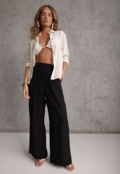 Czarne Szerokie Spodnie Casual High Waist ze Strukturalnej Tkaniny Hyrarpia. Czarne spodnie materiałowe damskie Renee, bez wzorów, z jeansu. Za 89.99 zł.