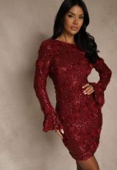 Bordowa Dopasowana Sukienka Ozdobiona Cekinami i Kwiatami 3D Raweda. Czerwone sukienki damskie Renee, bez wzorów, z poliesteru, bez ramiączek. Za 229.99 zł.