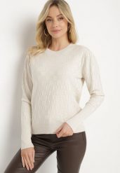 Jasnobeżowy Sweter z Wiskozą Modalem i Ozdobnym Splotem Jaliti. Brązowe swetry klasyczne damskie Born2be, m, z jeansu, bez kołnierzyka. Za 74.99 zł.
