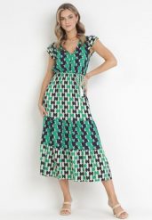 Zielona Sukienka Maxi z Gumką w Pasie i Plecionym Paskiem z Wiskozy Vittorie. Zielone sukienki damskie Born2be, bez wzorów, z wiskozy, bez ramiączek. Za 129.99 zł.