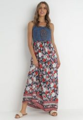 Granatowa Sukienka Giric. Niebieskie sukienki damskie Born2be, bez wzorów, z jeansu, boho, bez ramiączek. Za 139.99 zł.