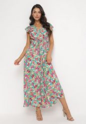 Zielona Rozkloszowana Sukienka Maxi w Kwiaty Illuma. Zielone sukienki damskie Born2be, bez wzorów, z materiału, bez ramiączek. Za 119.99 zł.