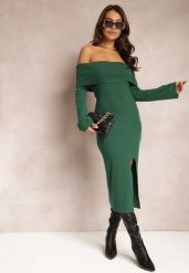 Ciemnozielona Dopasowana Sukienka Hiszpanka z Rozcięciem Phillas. Zielone sukienki damskie Renee, bez wzorów, z dzianiny, bez ramiączek. Za 69.99 zł.