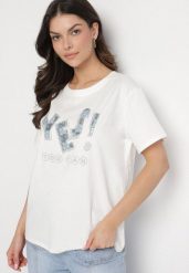 Biały T-shirt z Bawełny Ozdobiony Cekinami i Cyrkoniami Camiren. Białe t-shirty damskie Born2be, l, z aplikacjami, z bawełny, bez kołnierzyka. Za 34.99 zł.