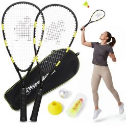 Zestaw do crossmintona: 2 rakiety aluminiowe 59 cm, 5 lotek, stożki, torba. Czarne torby sportowe HYPERMOTION, bez wzorów, z materiału. Za 79.90 zł.