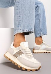 Beżowe Sneakersy z Szerokim Protektorem i Brokatową Naszywką Thesalia. Brązowe obuwie sportowe damskie Renee, bez zapięcia. Za 89.99 zł.