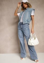 Niebieskie Jeansy High Waist z Szeroką Nogawką Zdobione Przetarciami Napinea. Niebieskie jeansy damskie Renee, z podwyższonym stanem. Za 129.99 zł.