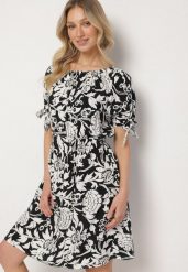 Czarna Bawełniana Sukienka w Ornamentalne Rośliny z Wiązaniem Przy Rękawach Tosvena. Czarne sukienki damskie Born2be, bez wzorów, z bawełny, eleganckie, bez ramiączek. Za 89.99 zł.