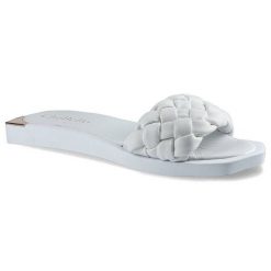 Klapki damskie Chebello, naturalna skóra licowa z szerokim plecionym paskiem wsuwaną konstrukcją oraz płaską lekką podeszwą, białe, 2609-364-PSK. Białe klapki damskie CheBello, bez wzorów, ze skóry, bez obcasa, na płaskiej podeszwie, bez zapięcia. Za 199.00 zł.