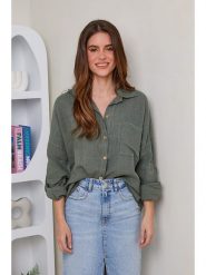 Rodier Lin Lniana koszula w kolorze khaki rozmiar: XL/XXL. Brązowe koszule damskie Rodier Lin, xl, bez wzorów, ze lnu, bez kołnierzyka, bez ramiączek. Za 175.67 zł.