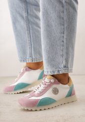 Biało-Fioletowe Skórzane Sneakersy z Metaliczną Ozdobą Rioneira. Białe obuwie sportowe damskie Born2be, z dresówki, bez zapięcia. Za 169.99 zł.