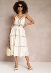 Beżowa Koronkowa Sukienka Midi na Ramiączkach z Falbankami Tajae. Brązowe sukienki damskie Renee, w ażurowe wzory, z koronki, bez ramiączek. Za 139.99 zł.