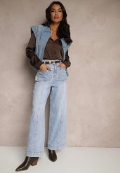 Jasnoniebieskie Jeansy Szerokie z Bawełną i Wiskozą High Waist z Przeszyciami Rivionis. Niebieskie jeansy damskie Renee, z podwyższonym stanem. Za 99.99 zł.