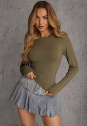 Ciemnozielona Dopasowana Bluzka Typu Longsleeve z Bawełną Moanti. Brązowe bluzki damskie Renee, l, bez wzorów, z bawełny, wizytowe, bez kołnierzyka, bez ramiączek. Za 79.99 zł.