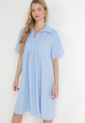 Niebieska Rozkloszowana Sukienka z Zakładkami i Kołnierzykiem Alisano. Niebieskie sukienki damskie Born2be, z aplikacjami, bez ramiączek. Za 119.99 zł.