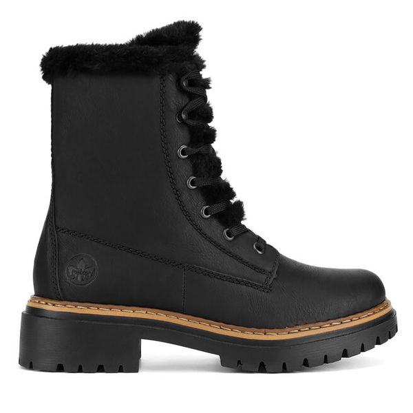 Trzewiki Rieker. Czarne botki damskie Rieker, bez obcasa, na płaskiej podeszwie, bez zapięcia. Za 389.99 zł.