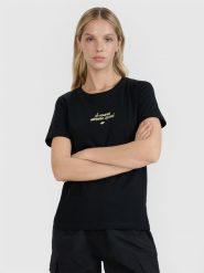 4F T-shirt regular z nadrukiem damski - czarny XL. Czarne koszulki sportowe damskie 4F, uniwersalny, bez wzorów, z bawełny, bez ramiączek. W wyprzedaży za 39.99 zł.