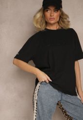 Czarna Bawełniana Koszulka T-shirt z Tłoczonym Napisem Lunorina. Czarne bluzki damskie Renee, l, z aplikacjami, z bawełny, bez kołnierzyka, bez ramiączek. Za 44.99 zł.