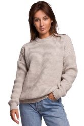 Sweter Oversize o Przedłużonym Kroju - Beżowy. Brązowe swetry klasyczne damskie MOE, l, z materiału, bez kołnierzyka. Za 243.90 zł.