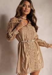 Beżowa Koszulowa Sukienka Mini z Paskiem w Stylu Vintage Butafa. Brązowe sukienki damskie Renee, bez wzorów, vintage, bez ramiączek. W wyprzedaży za 175.99 zł.