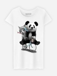 WOOOP Koszulka "Bicycle Panda" w kolorze białym rozmiar: M. Białe koszulki damskie Wooop, m, bez wzorów, z bawełny, bez kołnierzyka, bez ramiączek. Za 56.99 zł.