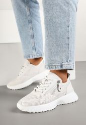 Białe Skórzane Sneakersy z Ozdobnym Suwakiem Selami. Białe obuwie sportowe damskie Born2be, z jeansu, bez zapięcia. Za 159.99 zł.