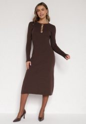 Brązowa Dopasowana Sukienka z Prążkowanej Dzianiny z Wiskozą z Aplikacjami Tusmana. Brązowe sukienki damskie Born2be, z aplikacjami, z dzianiny, biznesowe, bez ramiączek. Za 159.99 zł.