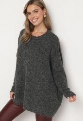 Ciemnoszary Klasyczny Sweter o Kroju Oversize Zallelia. Szare swetry klasyczne damskie Born2be, na jesień, z wełny, bez kołnierzyka. Za 149.99 zł.